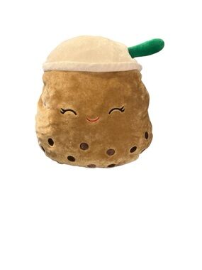 Cute Boba Tea Plush Pillow - Brown & Cream with Green Straw